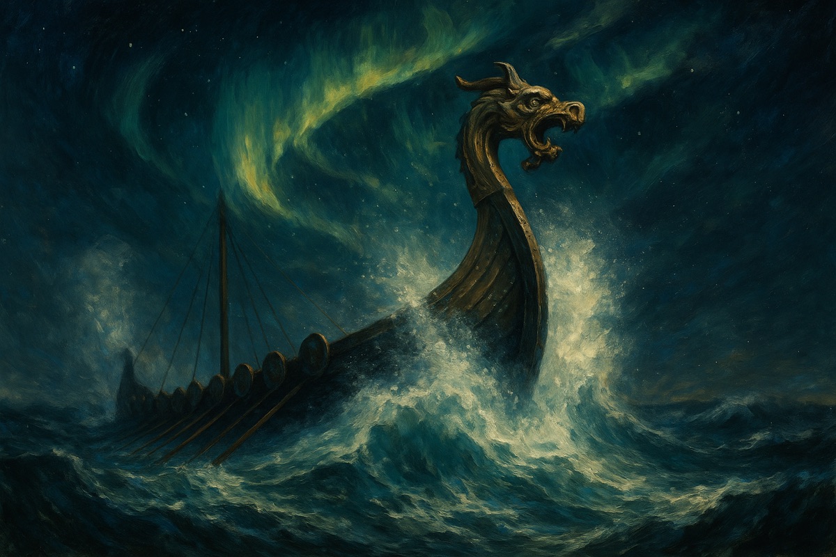 Oil painting of a dragon-prowed Viking longship in stormy seas under the northern lights