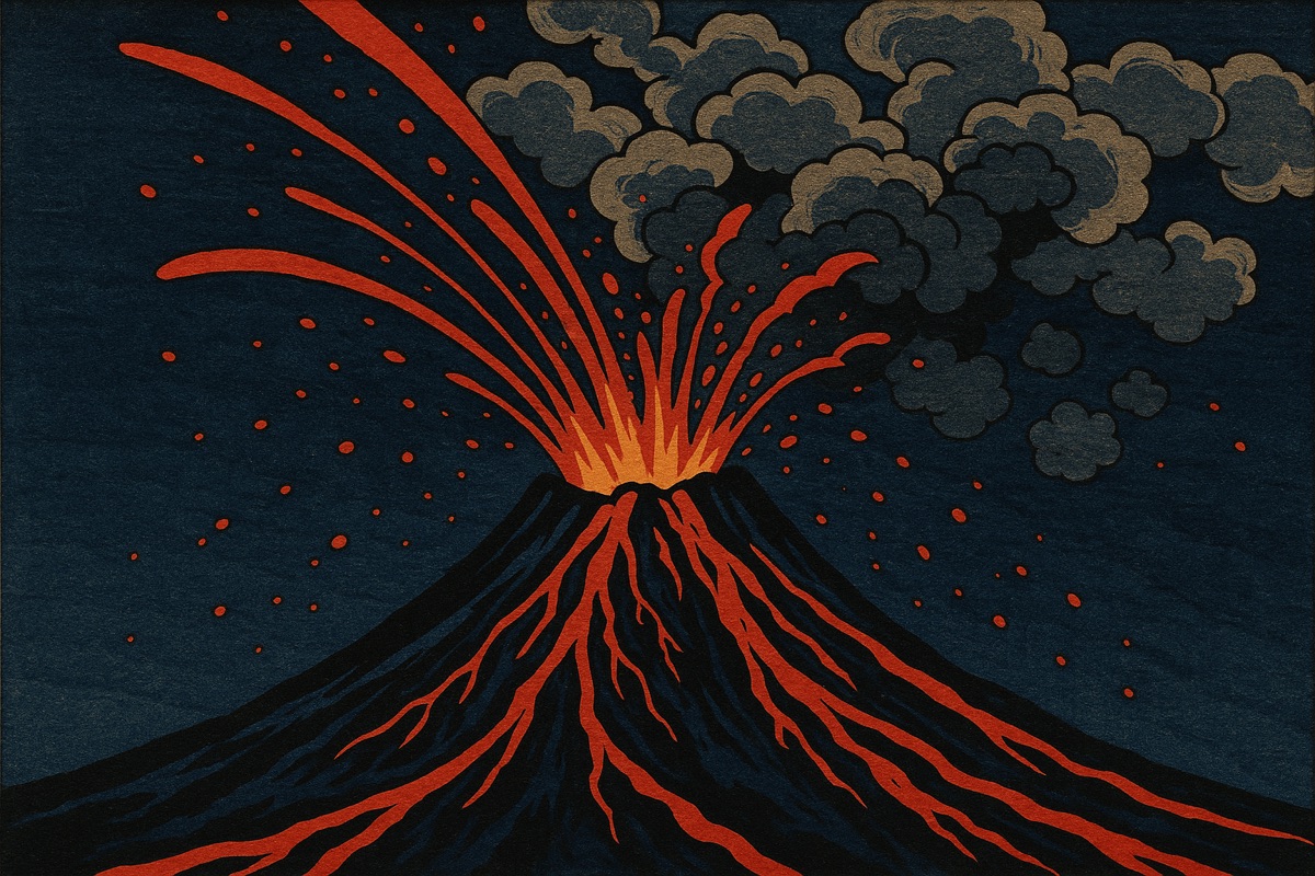 Woodblock-style print of an erupting volcano with arcing lava and smoke clouds at night