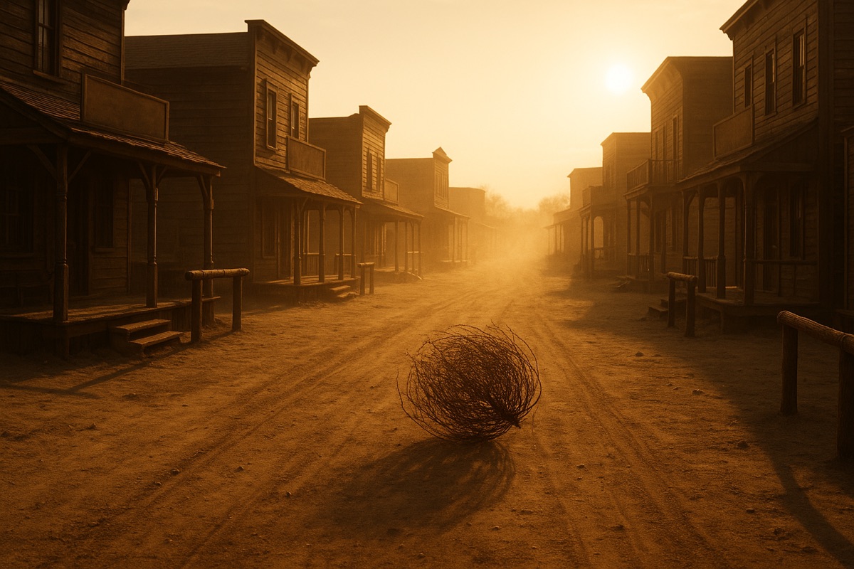 Tumbleweed rolling down a dusty Old West street at golden sunset
