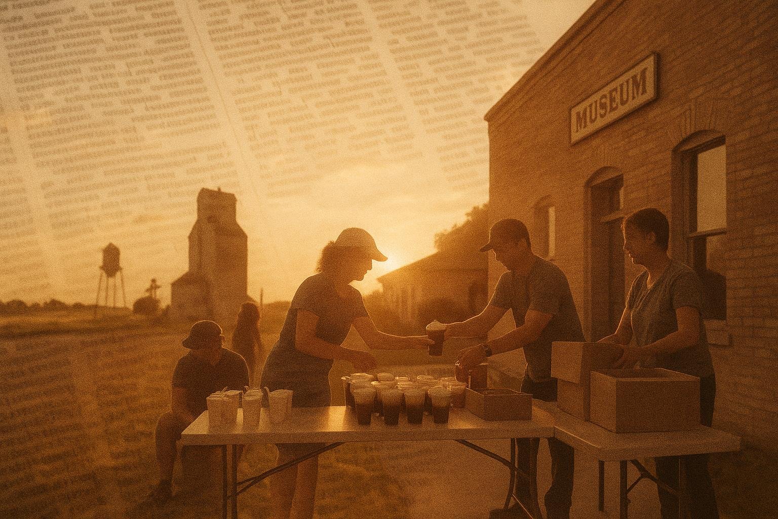 Double exposure of an open newspaper page blended with a small-town main street and volunteers handing over boxes