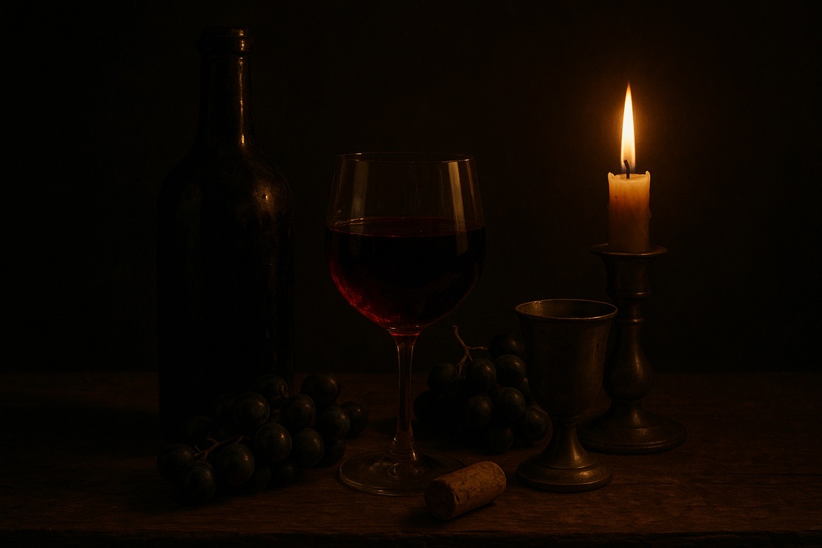 Candlelit still life of an aged wine bottle, a glass of red wine, dark grapes, a cork and a pewter goblet emerging from deep shadow