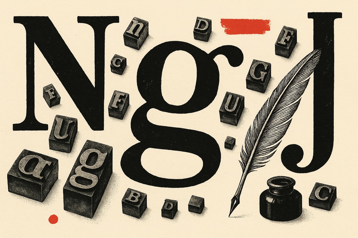 Ornate letters, quill and typewriter keys illustration